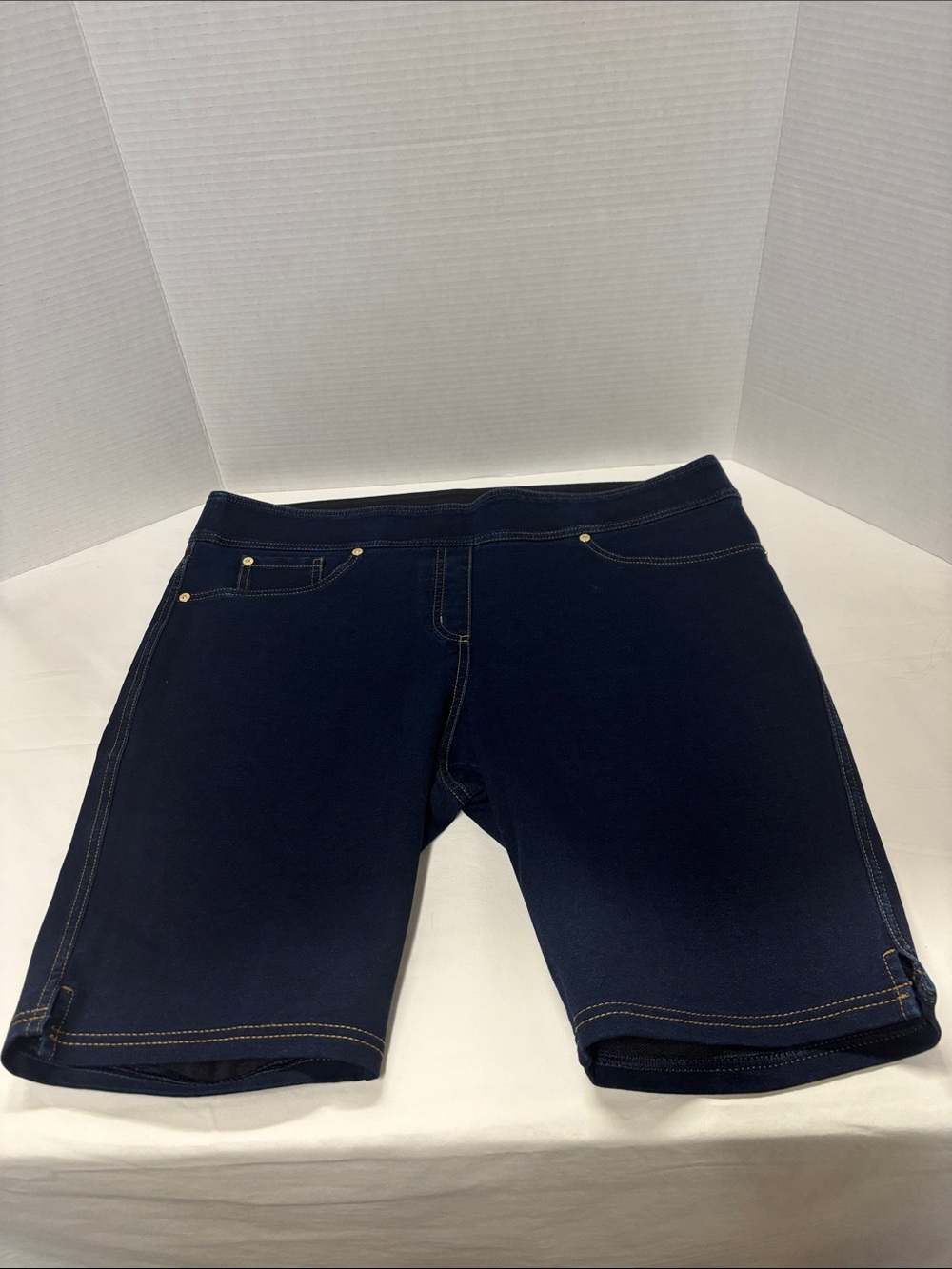 Peter Nygard Dark Navy Stretch Jean-Style Shorts with Gold Rivet Accents